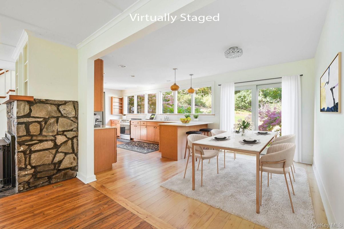 Dining room, Fireplace, Interior, Kitchen, Pendant Lights, Recessed Lighting, Wood Texture Flooring