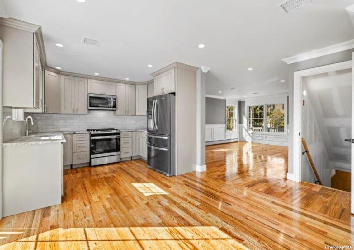 Interior, Kitchen, Recessed Lighting, Stainless Steel Appliances, Wood Texture Flooring