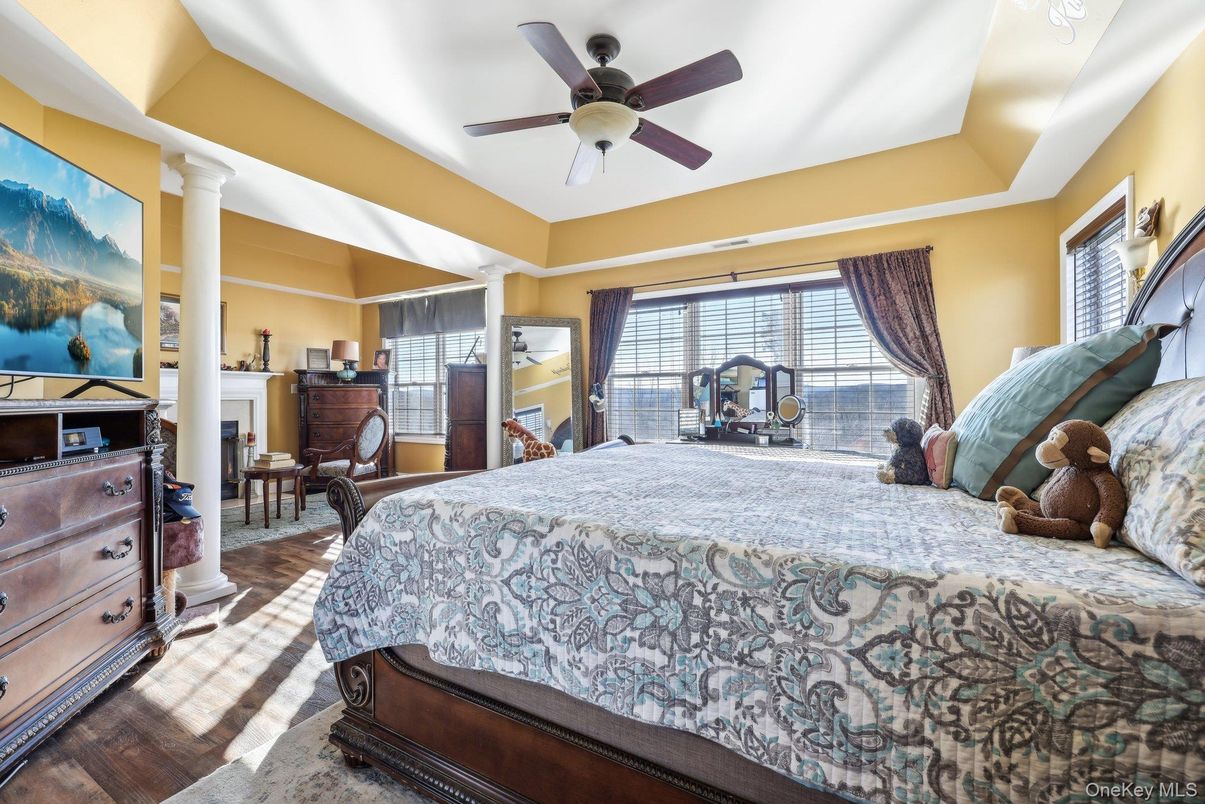 Bedroom, Fireplace, Interior, Wood Texture Flooring
