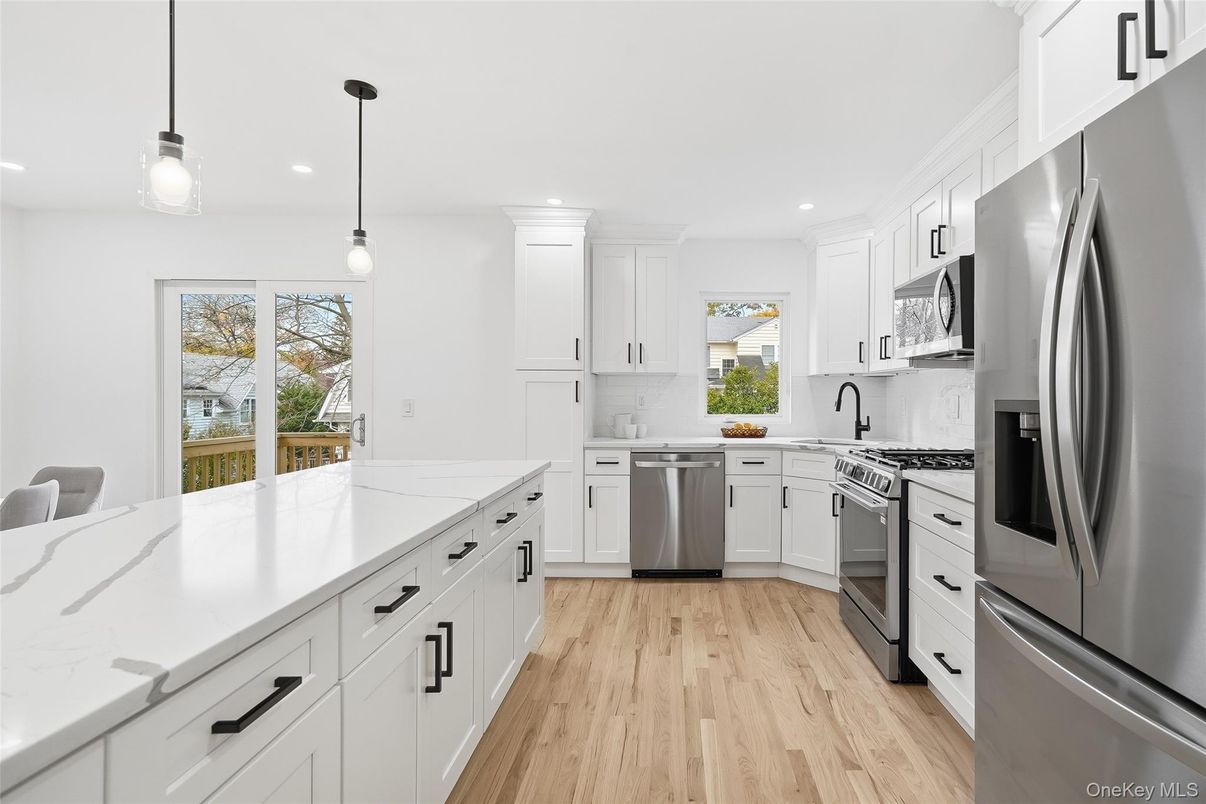 Interior, Kitchen, Pendant Lights, Recessed Lighting, Stainless Steel Appliances, Wood Texture Flooring