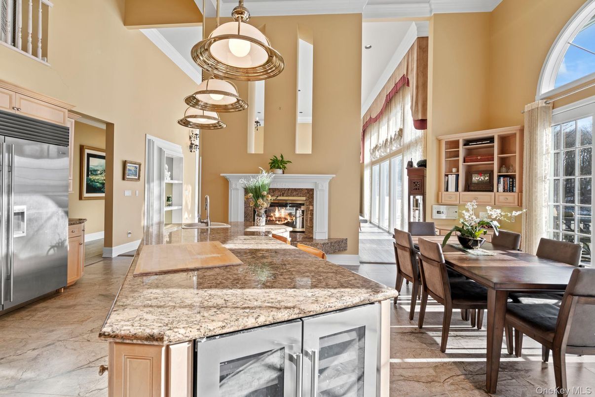 Dining room, Fireplace, Interior, Kitchen, Pendant Lights