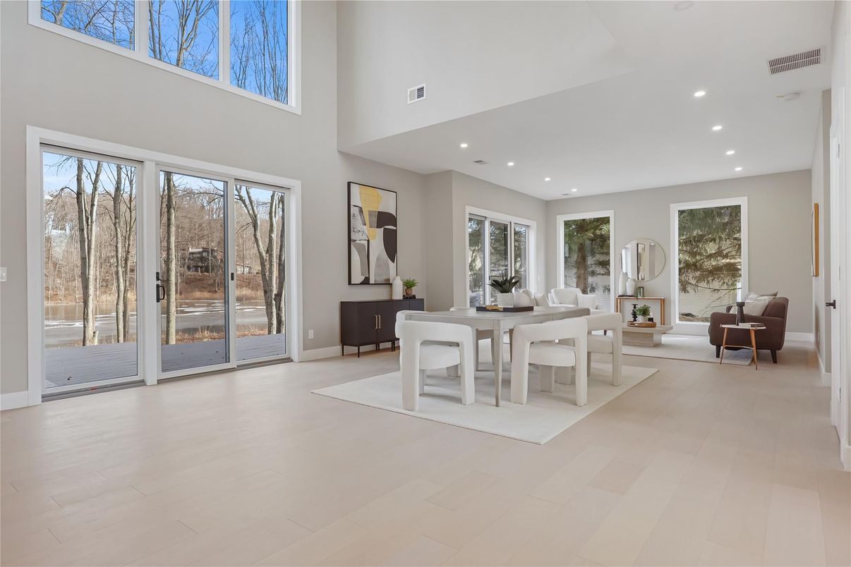 Dining room, Interior, Recessed Lighting, Wood Texture Flooring