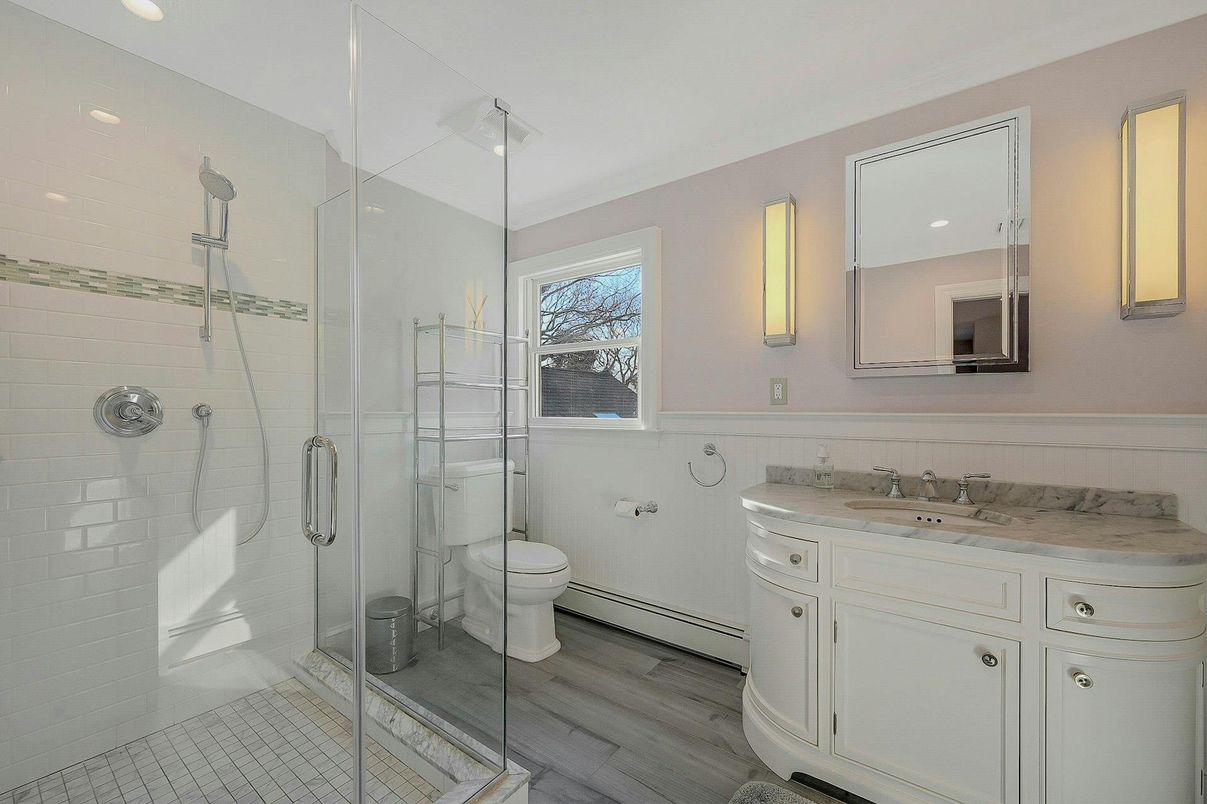 Bathroom, Glass Shower, Interior, Recessed Lighting, Wood Texture Flooring