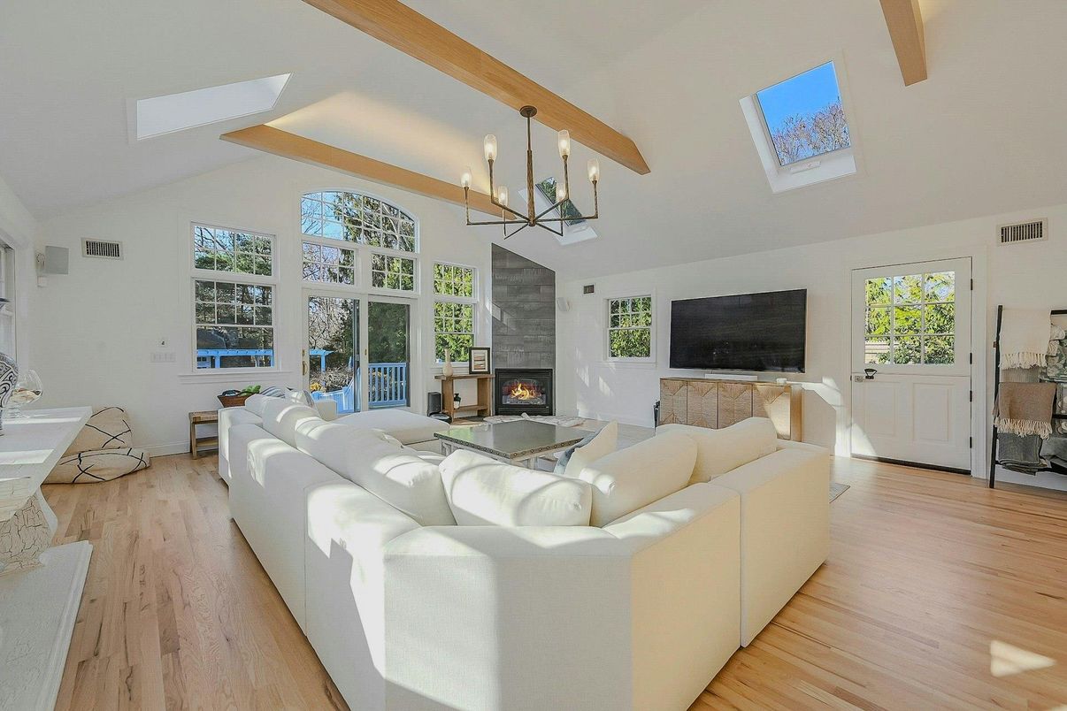 Chandelier, Fireplace, Interior, Living room, Wooden Beams, Wood Texture Flooring