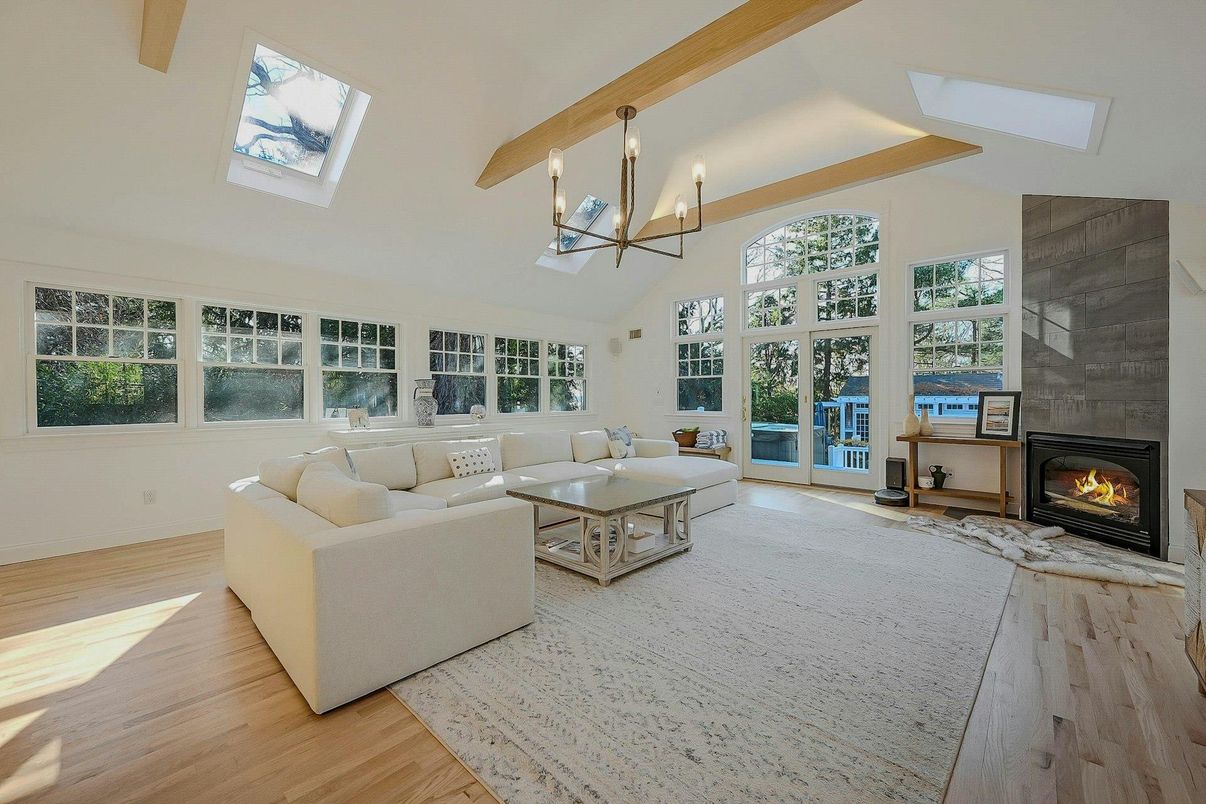 Chandelier, Fireplace, Interior, Living room, Wooden Beams, Wood Texture Flooring