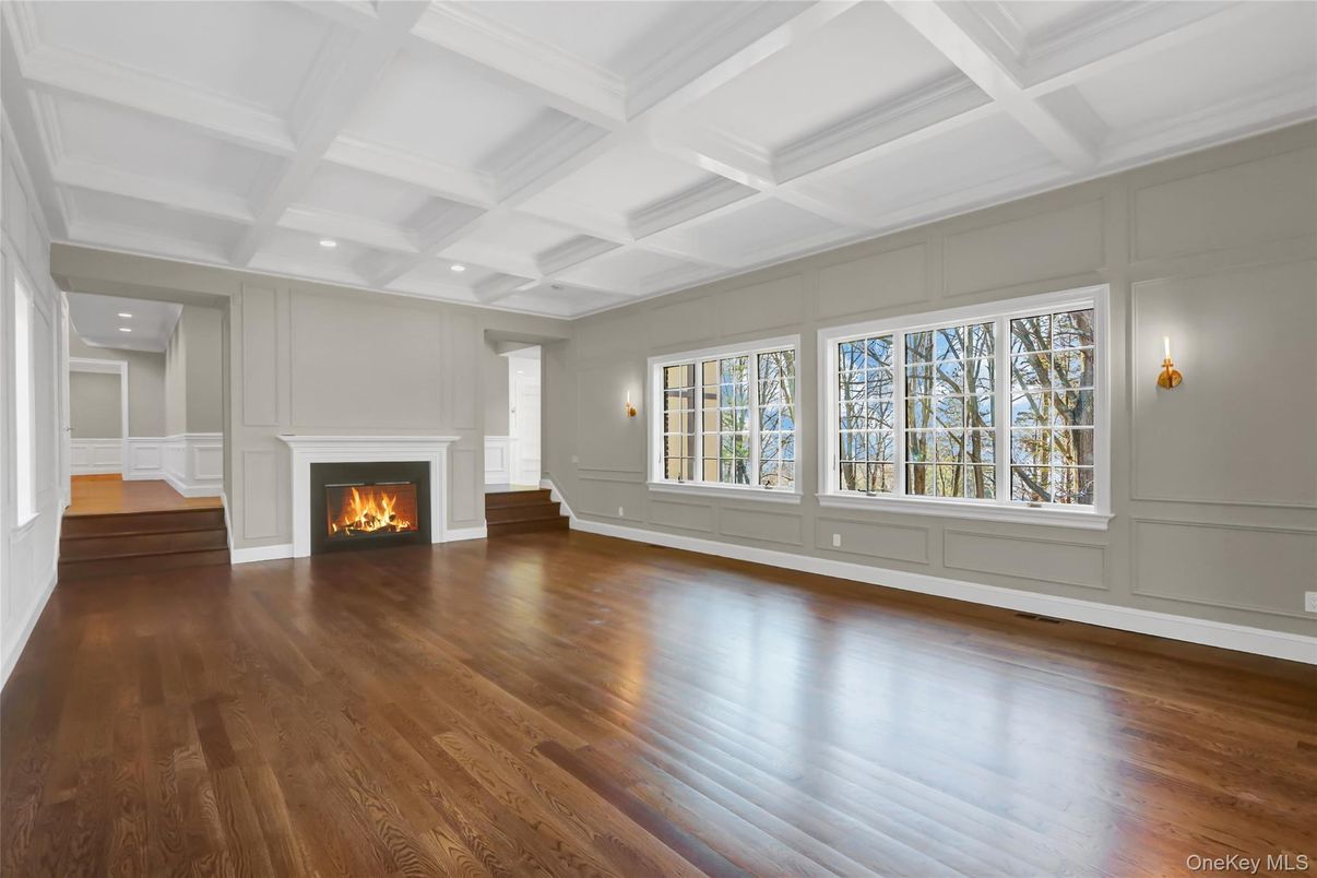 Empty room, Fireplace, Interior, Recessed Lighting, Wood Texture Flooring
