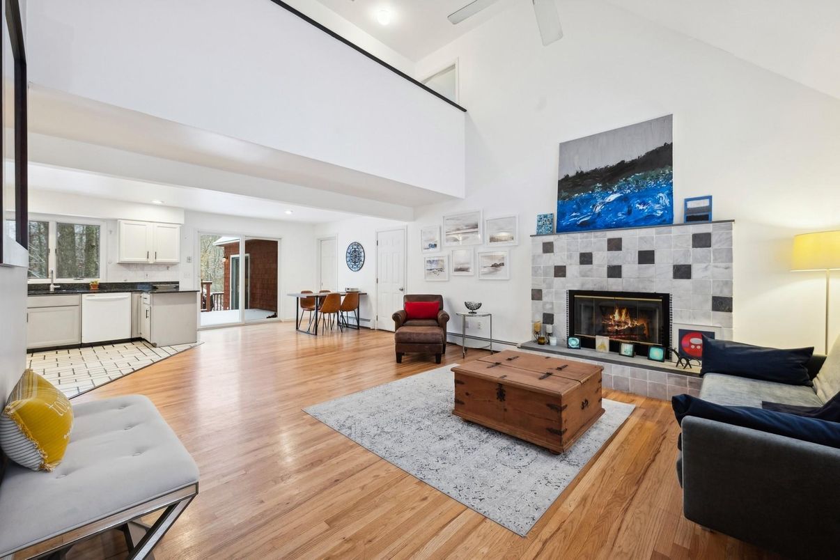 Dining room, Fireplace, Interior, Kitchen, Living room, Recessed Lighting, Wood Texture Flooring