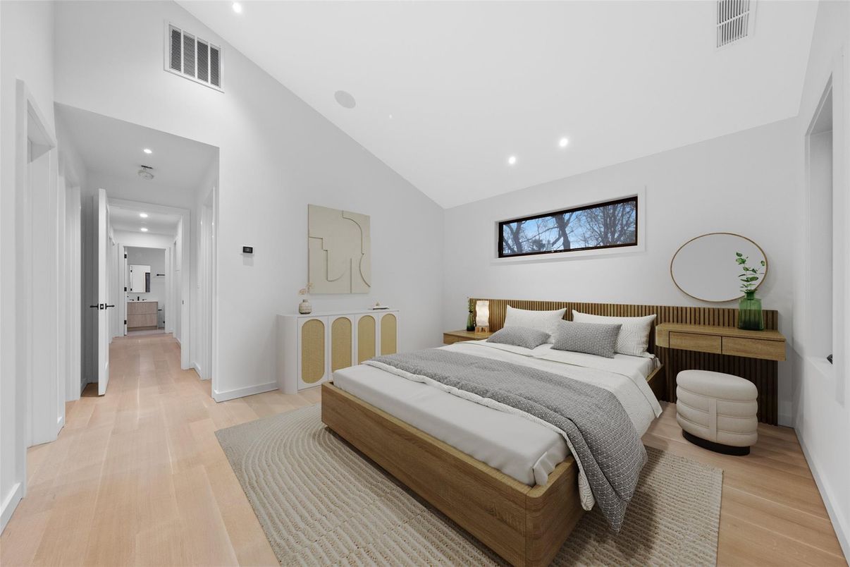 Bedroom, Interior, Recessed Lighting, Wood Texture Flooring