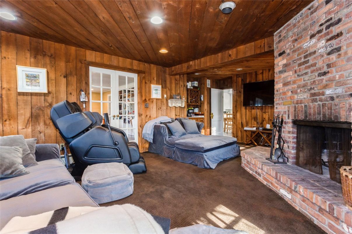 Fireplace, Interior, Recessed Lighting, Stone Walls, Wooden Ceilings, Wooden Walls