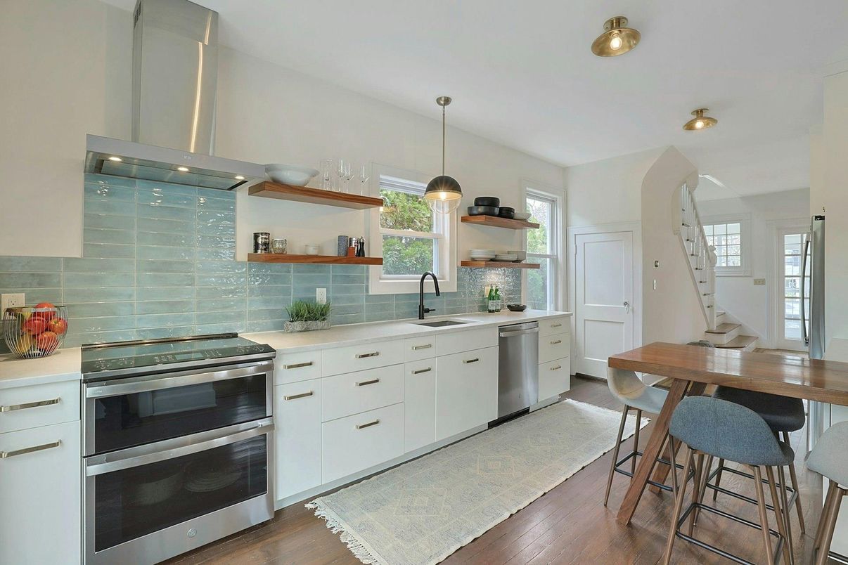 Interior, Kitchen, Pendant Lights, Stainless Steel Appliances, Wood Texture Flooring