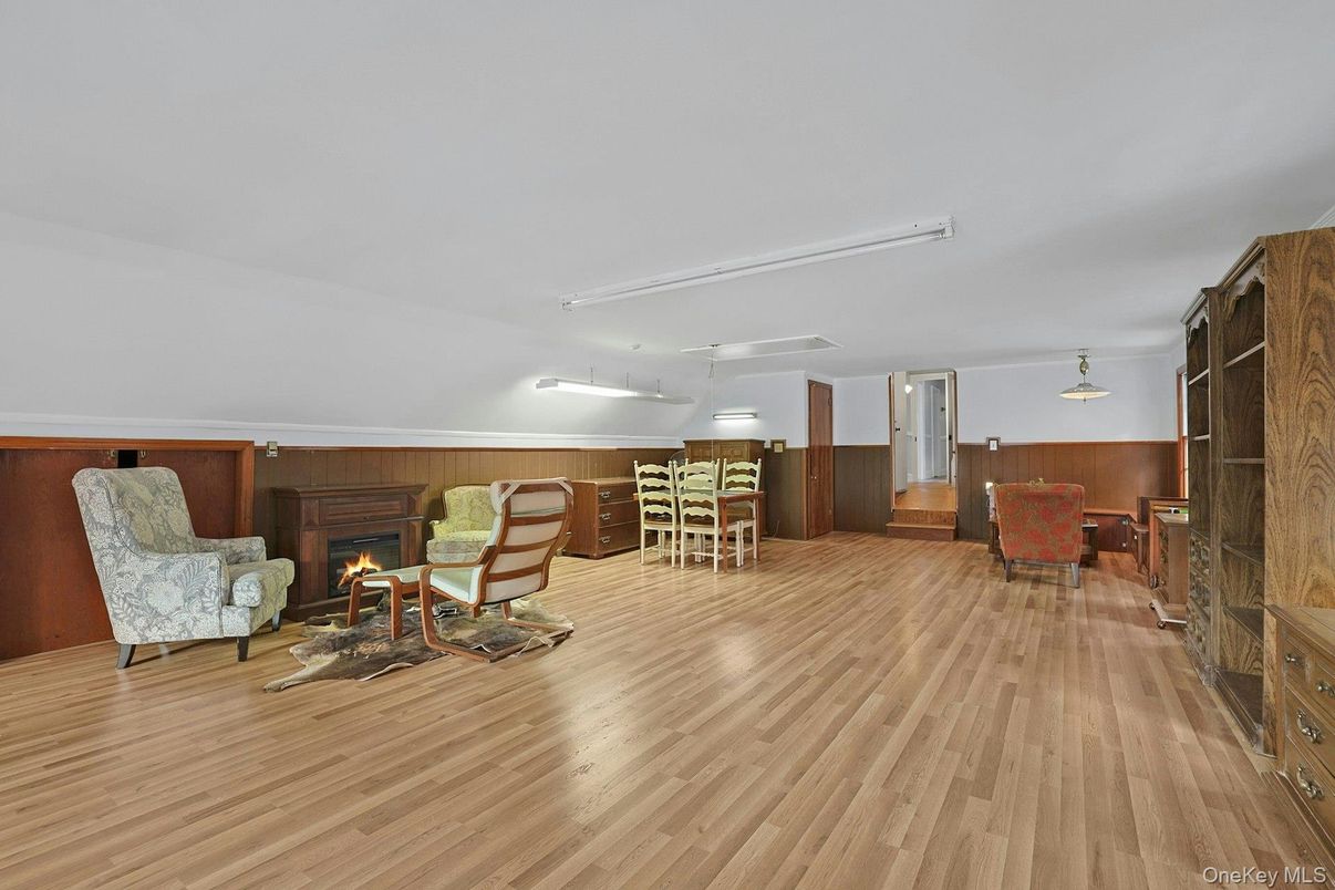 Dining room, Fireplace, Interior, Wood Texture Flooring, Wooden Walls