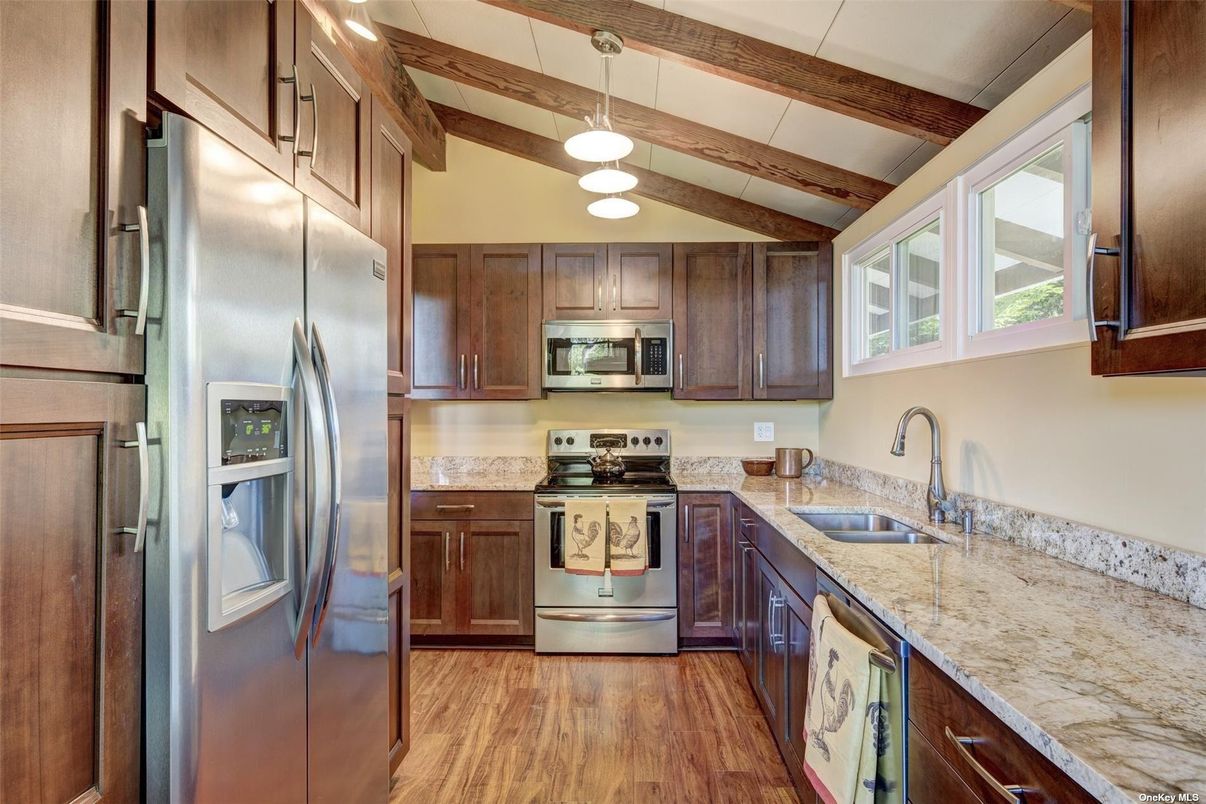 Interior, Kitchen, Pendant Lights, Stainless Steel Appliances, Wooden Beams, Wood Texture Flooring