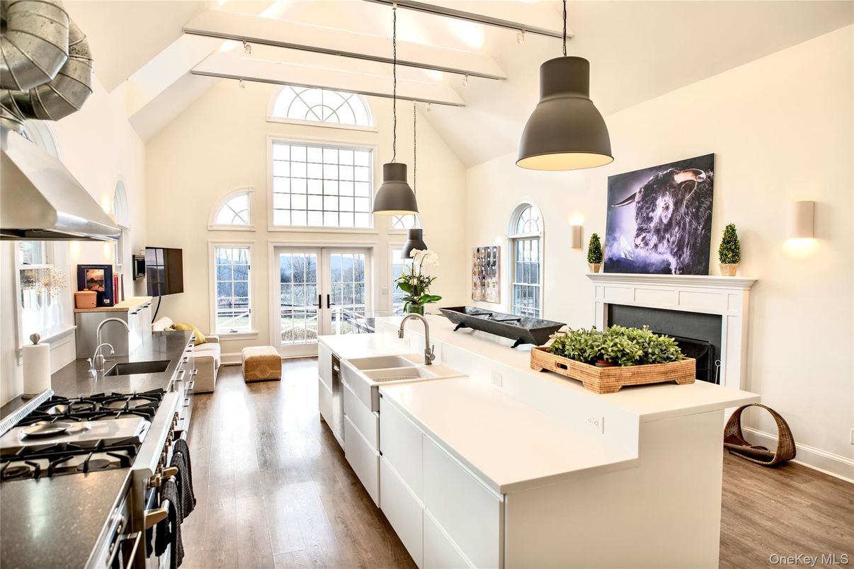 Fireplace, Interior, Kitchen, Pendant Lights, Wood Texture Flooring