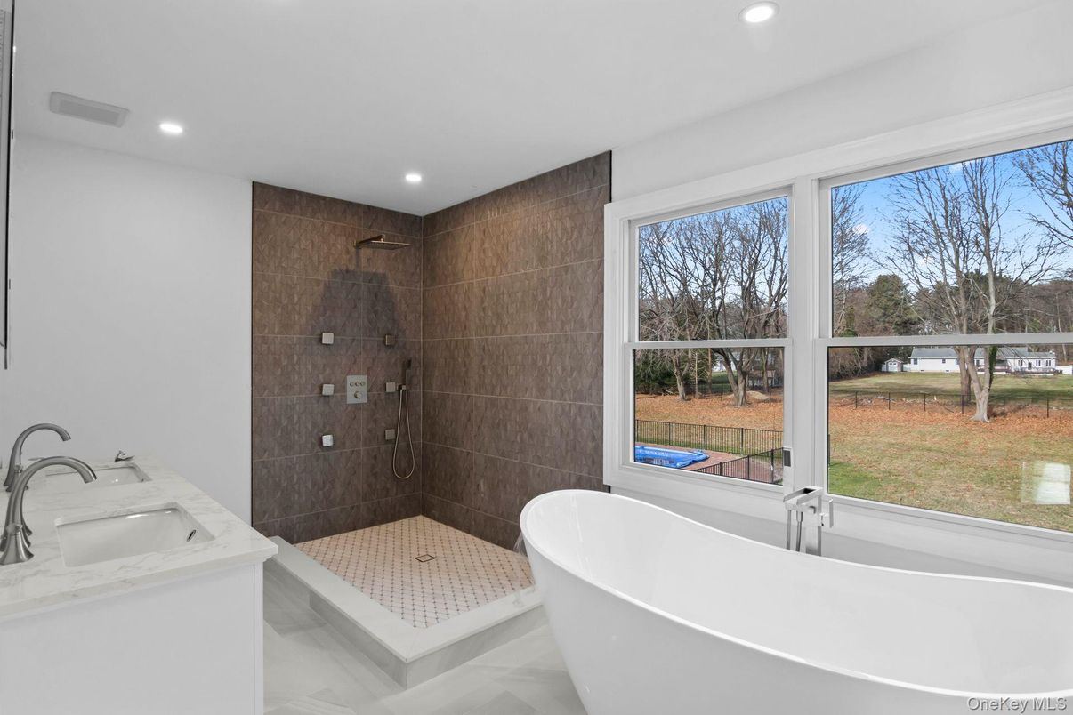 Bathroom, Free Standing Baths, Glass Shower, Interior, Recessed Lighting