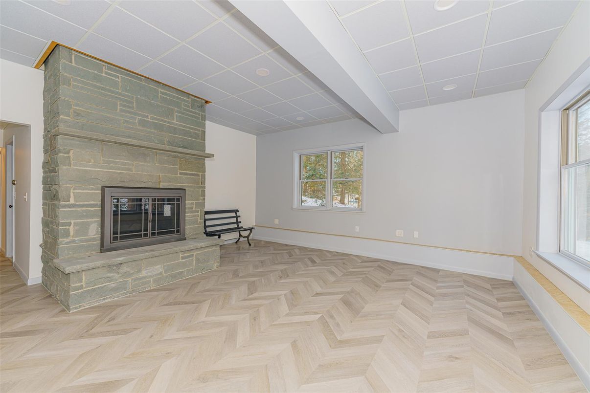 Empty room, Fireplace, Interior, Recessed Lighting, Wood Texture Flooring