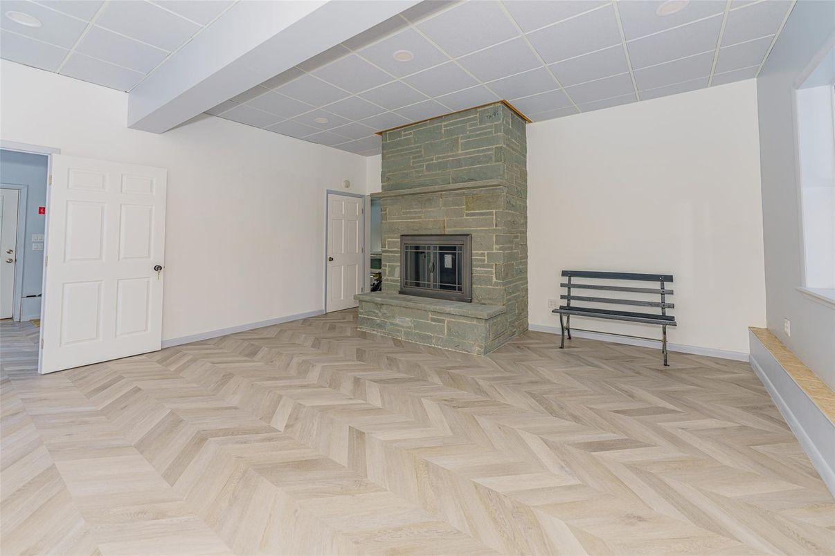 Empty room, Fireplace, Interior, Recessed Lighting, Wood Texture Flooring