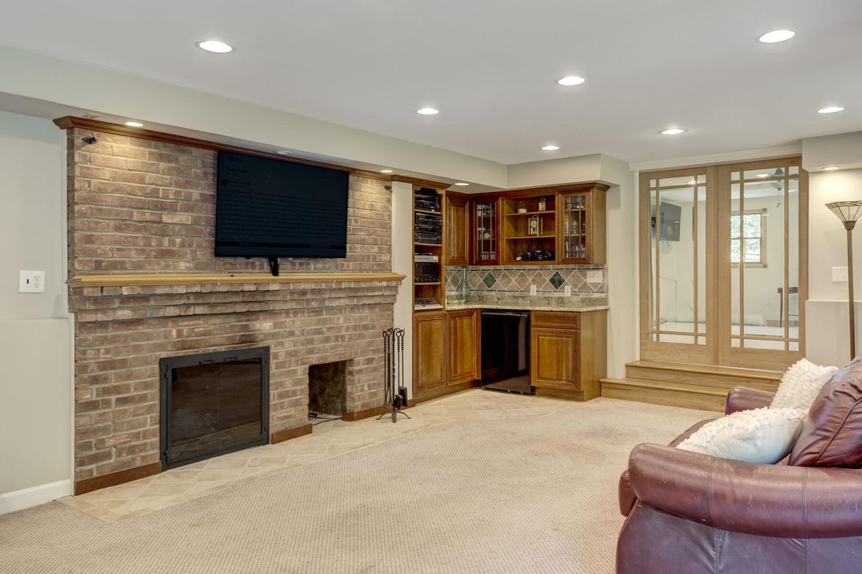 Fireplace, Interior, Recessed Lighting, Stone Walls