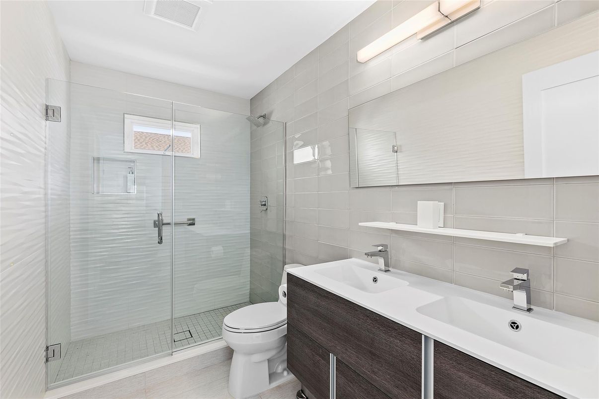 Bathroom, Glass Shower, Interior, Wood Texture Flooring