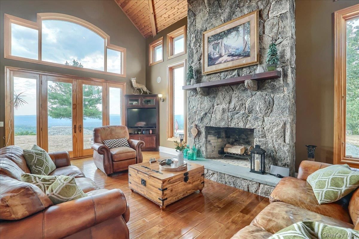 Fireplace, Interior, Living room, Stone Walls, Water, Wood Texture Flooring