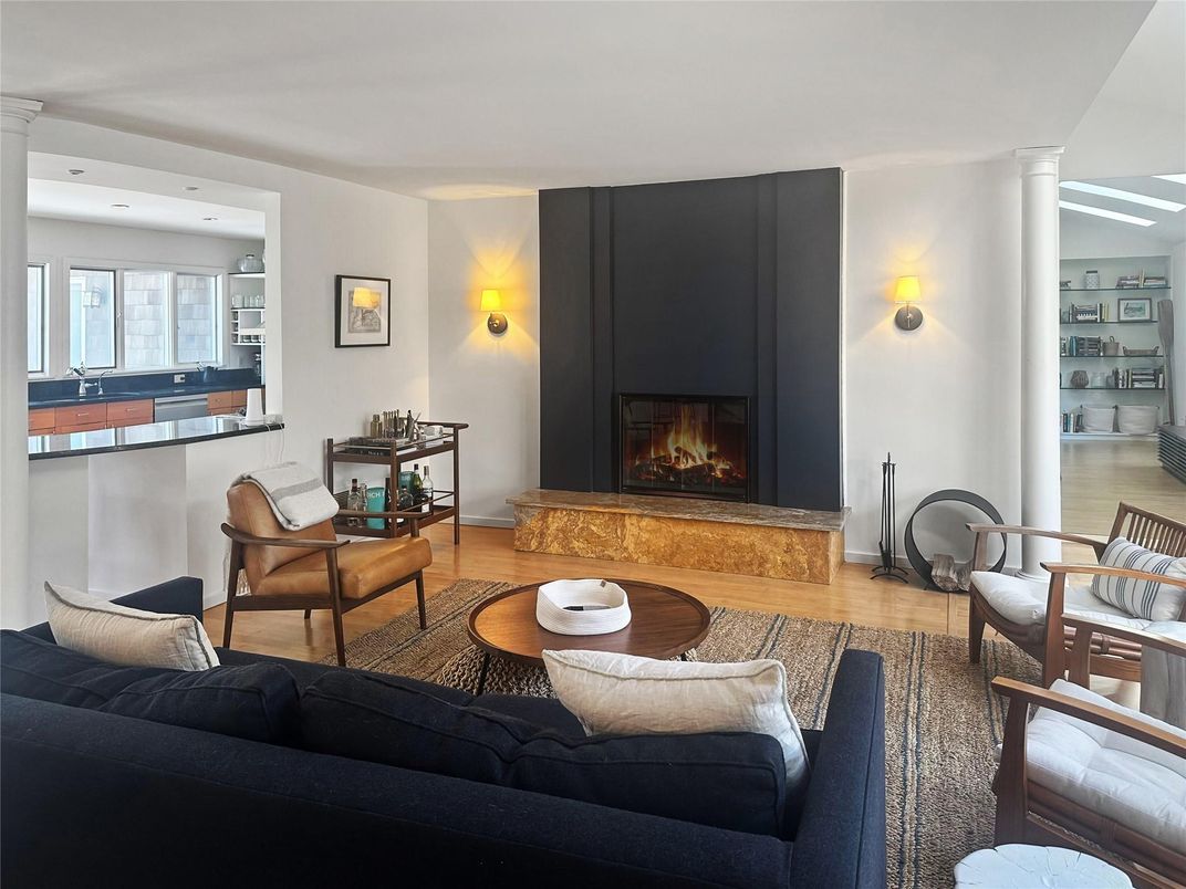 Fireplace, Interior, Living room, Recessed Lighting, Wood Texture Flooring