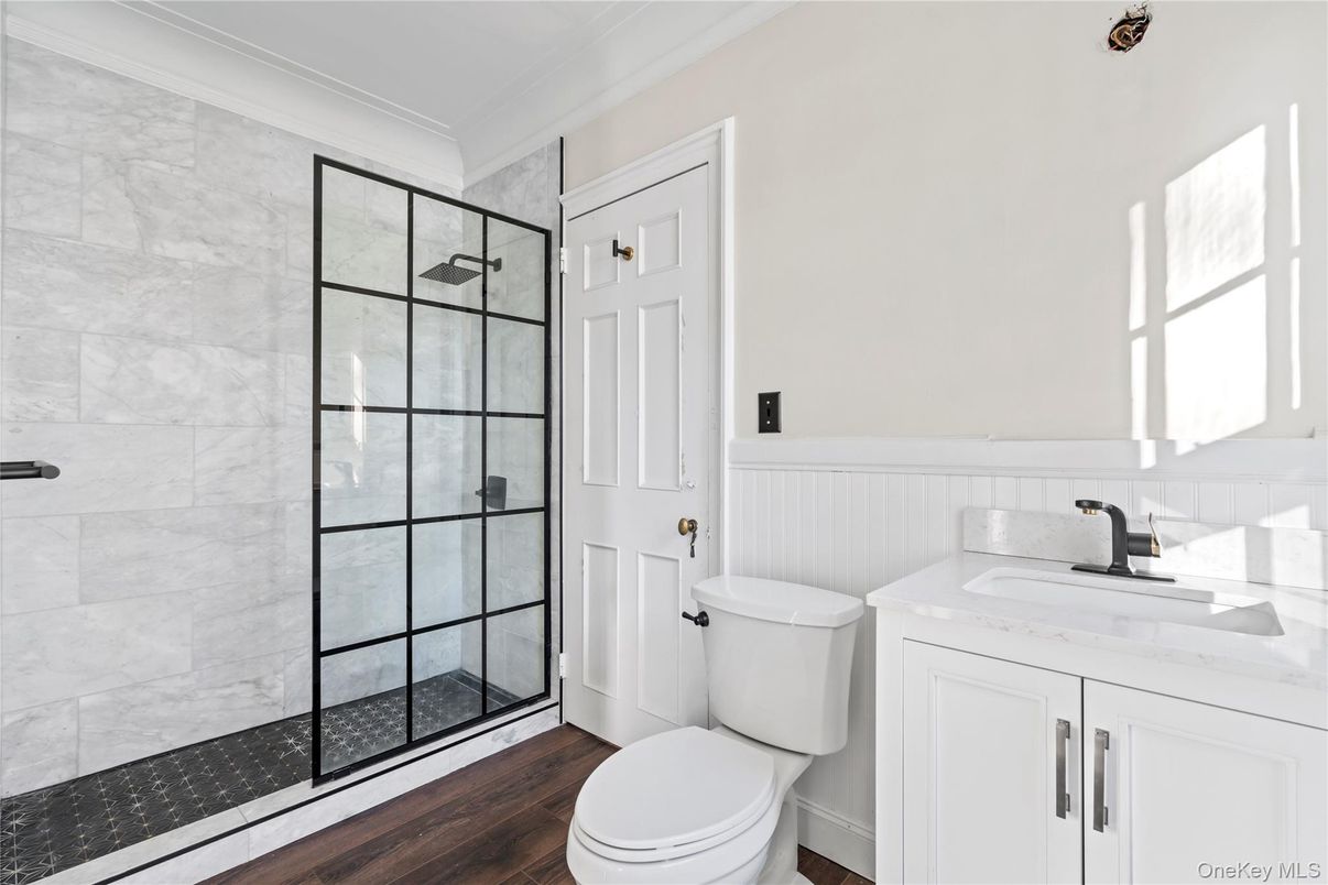 Bathroom, Glass Shower, Interior, Wood Texture Flooring