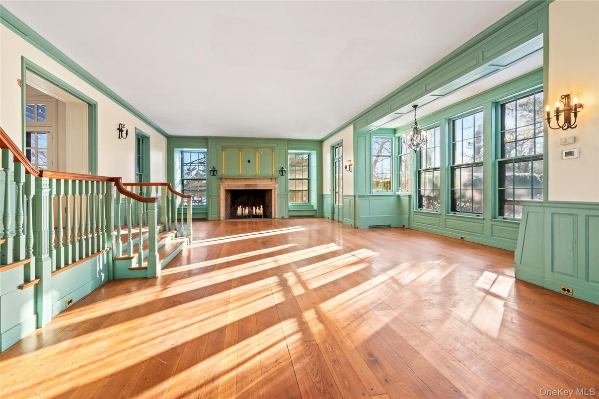 Chandelier, Empty room, Fireplace, Interior, Wood Texture Flooring