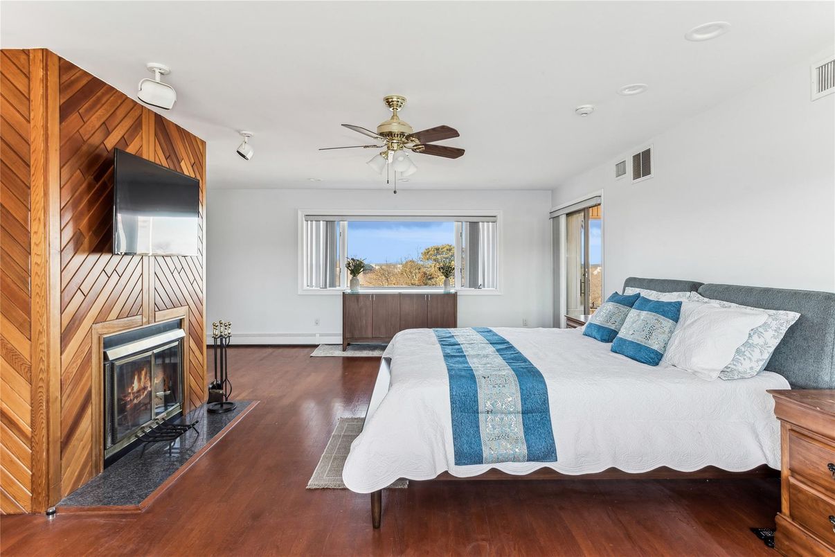 Bedroom, Fireplace, Interior, Wood Texture Flooring, Wooden Walls