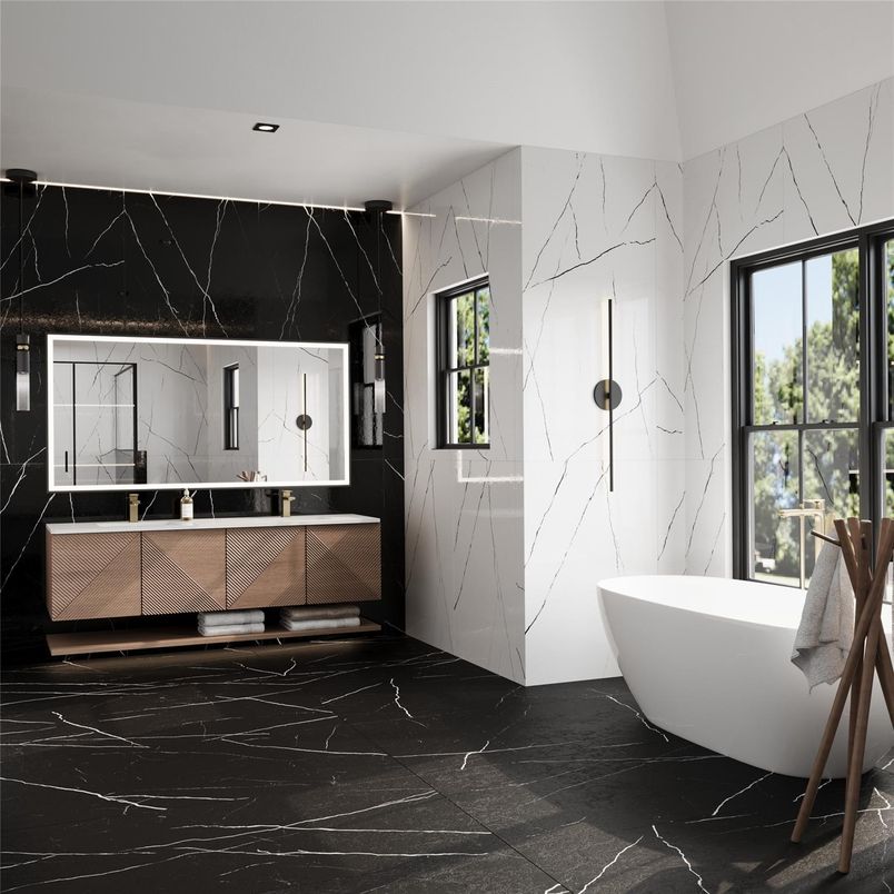 Bathroom, Free Standing Baths, Interior, Marble, Marble Walls, Recessed Lighting
