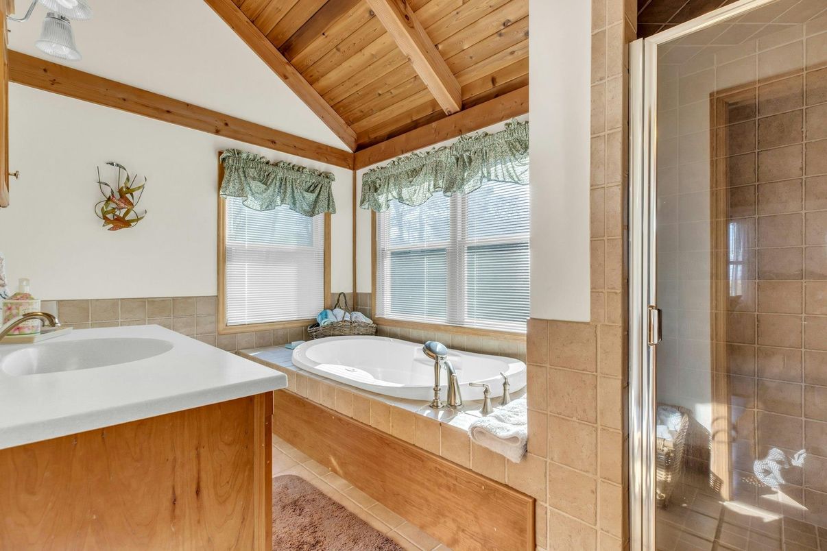 Bathroom, Glass Shower, Interior, Wooden Beams, Wooden Ceilings