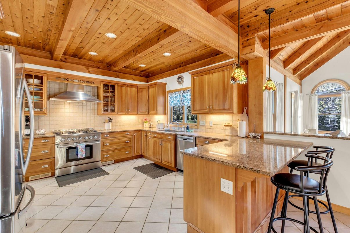 Interior, Kitchen, Pendant Lights, Recessed Lighting, Stainless Steel Appliances, Wooden Beams, Wooden Ceilings