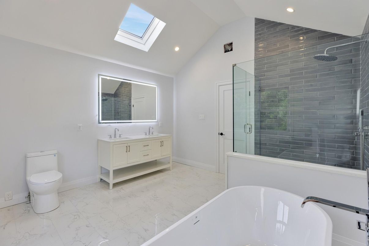 Bathroom, Dual Sink Vanities, Free Standing Baths, Glass Shower, Interior, Marble, Recessed Lighting