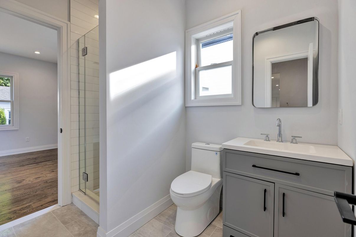 Bathroom, Glass Shower, Interior, Recessed Lighting, Wood Texture Flooring