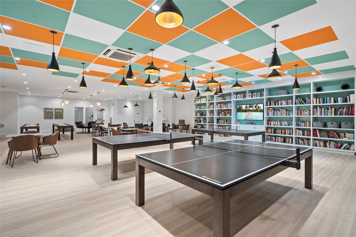 Billiard Table, Game Room, Interior, Pendant Lights, Recessed Lighting, Wood Texture Flooring