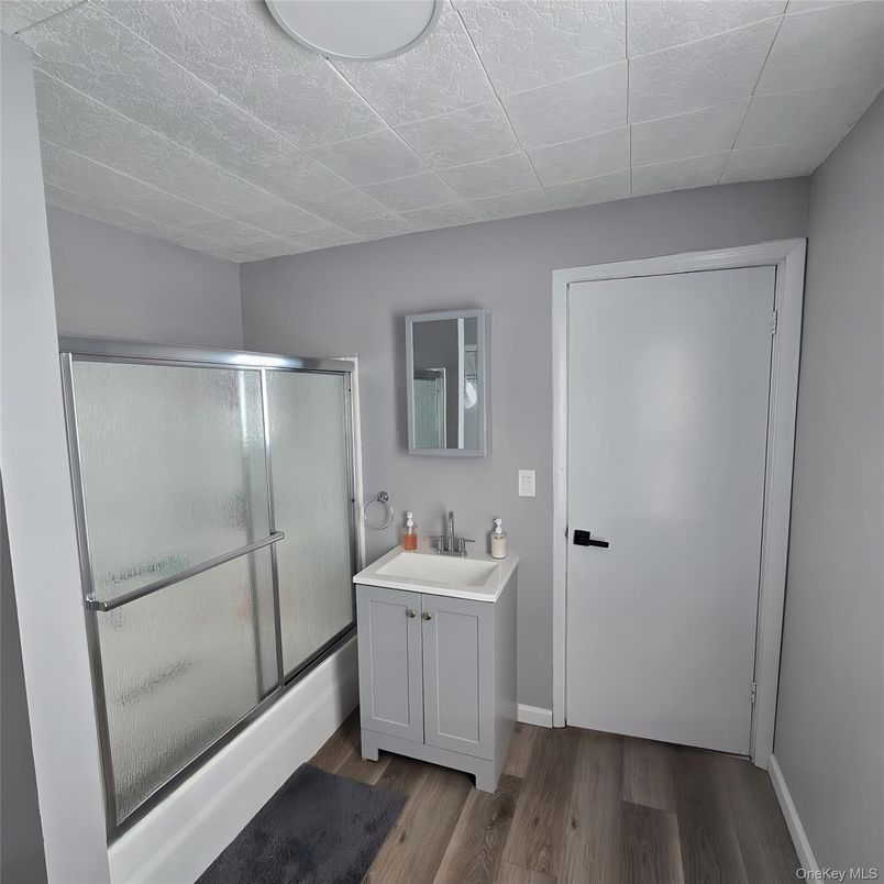 Bathroom, Glass Shower, Interior, Wood Texture Flooring