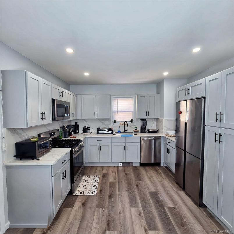 Interior, Kitchen, Recessed Lighting, Stainless Steel Appliances, Wood Texture Flooring
