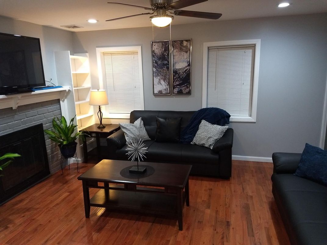 Fireplace, Interior, Living room, Recessed Lighting, Wood Texture Flooring