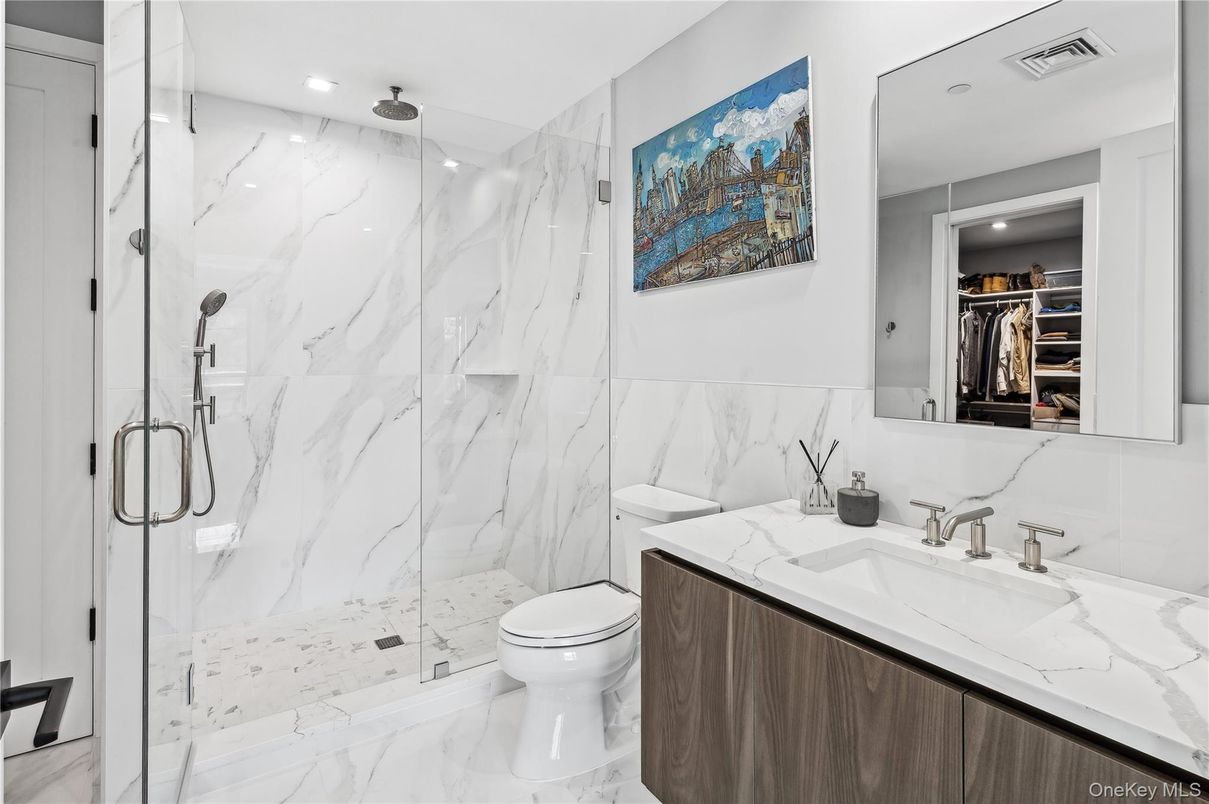 Bathroom, Glass Shower, Interior, Marble, Marble Walls, Recessed Lighting