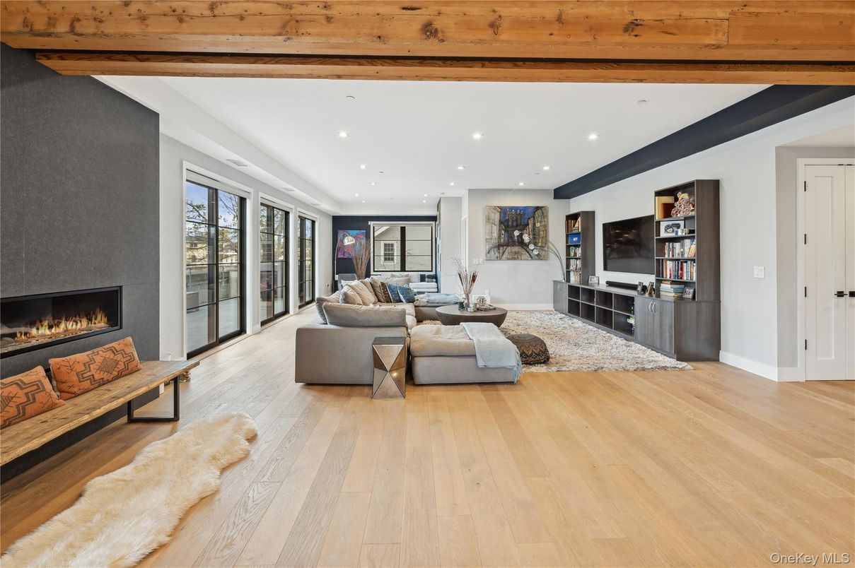 Fireplace, Interior, Living room, Recessed Lighting, Wooden Beams, Wood Texture Flooring