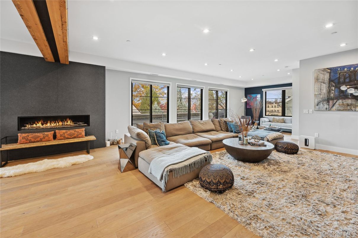 Fireplace, Interior, Living room, Recessed Lighting, Wooden Beams, Wood Texture Flooring