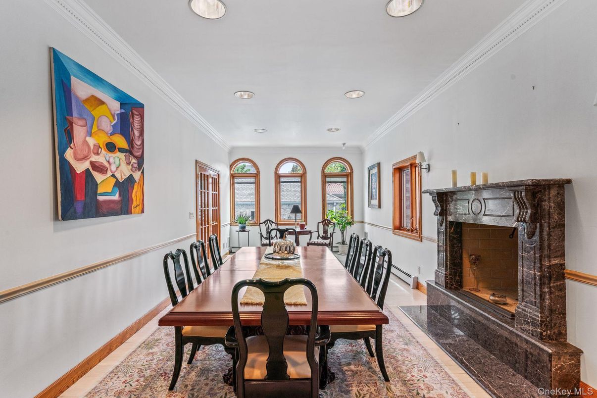 Dining room, Fireplace, Interior, Recessed Lighting