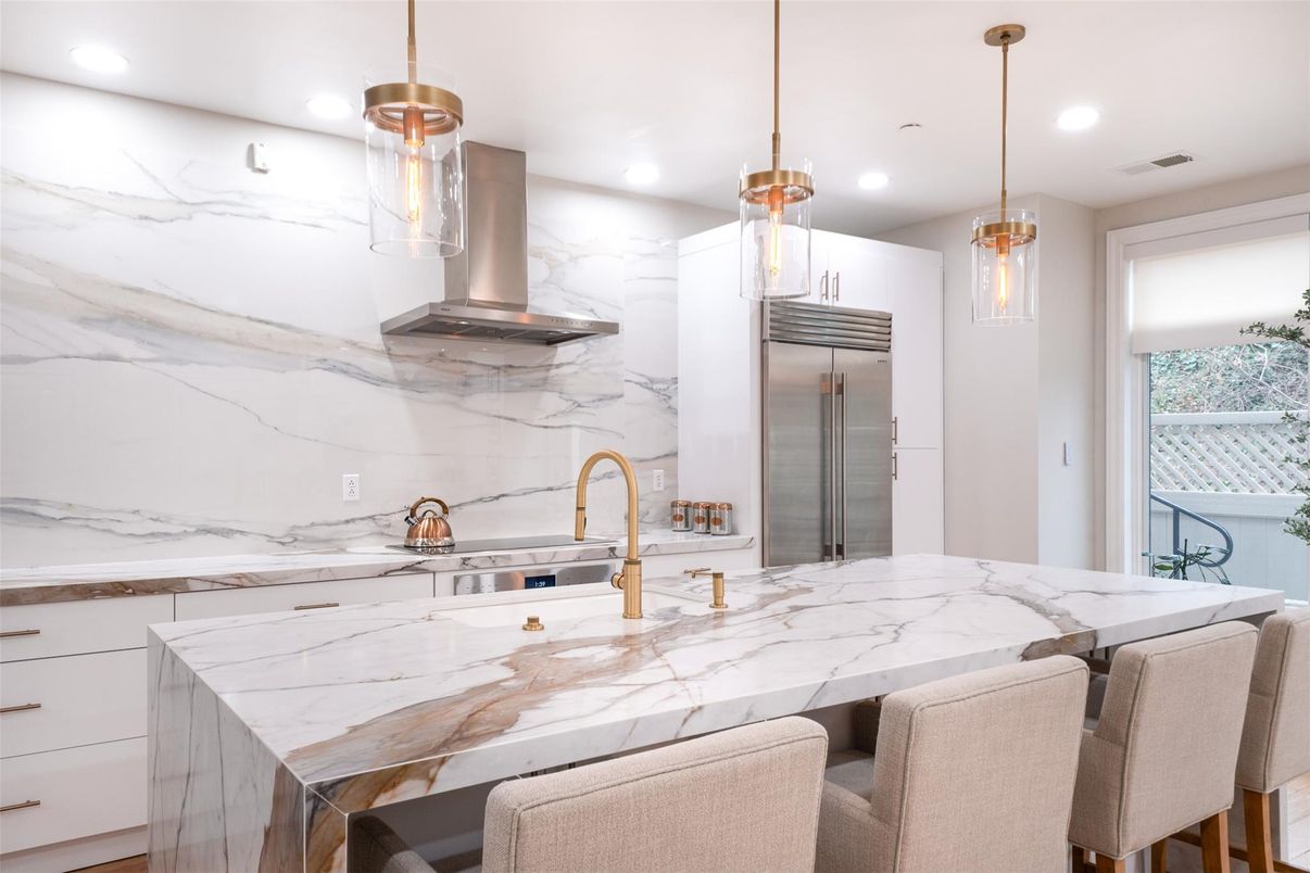 Interior, Kitchen, Marble Walls, Pendant Lights, Recessed Lighting, Stainless Steel Appliances