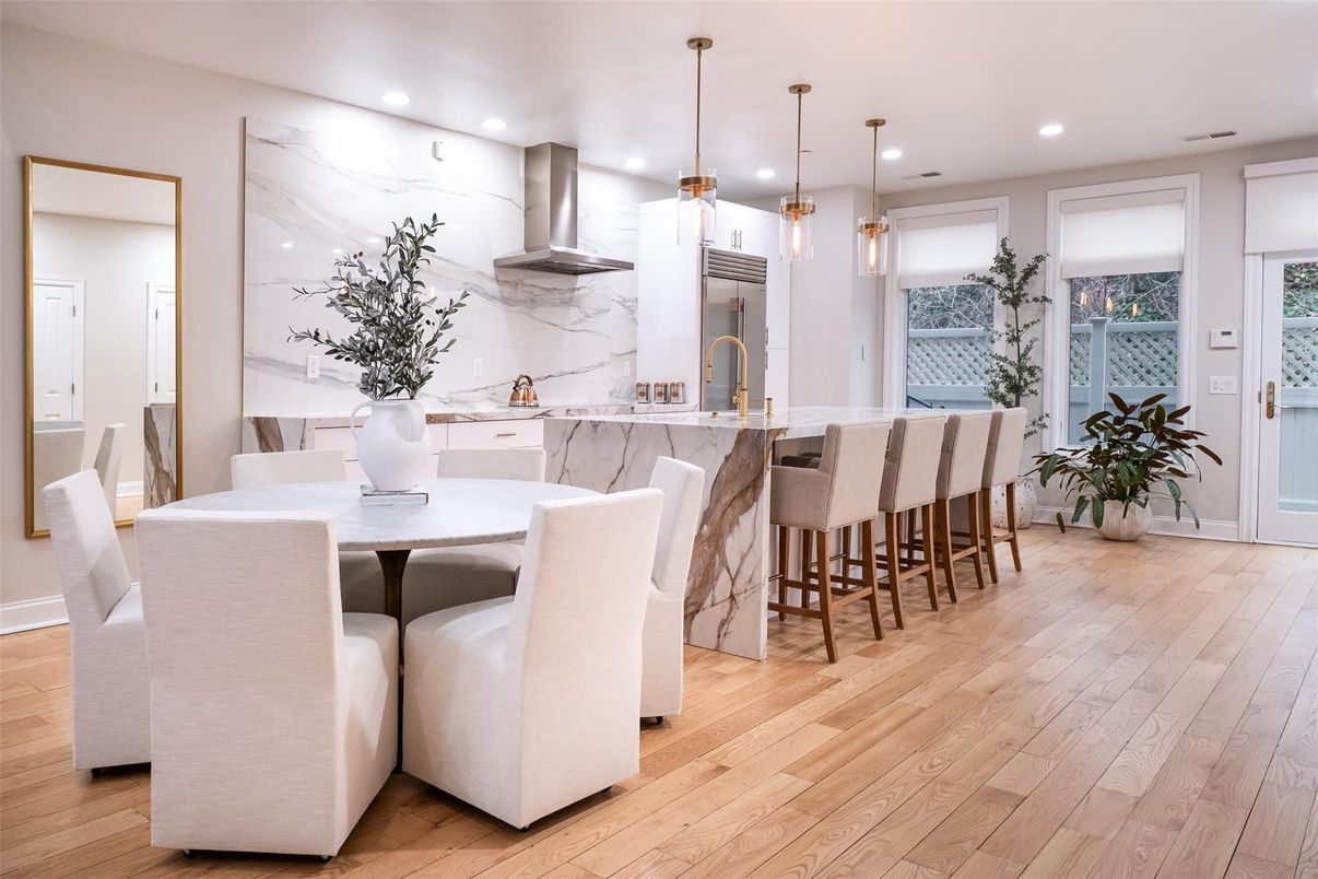 Dining room, Interior, Kitchen, Marble Walls, Pendant Lights, Recessed Lighting, Wood Texture Flooring