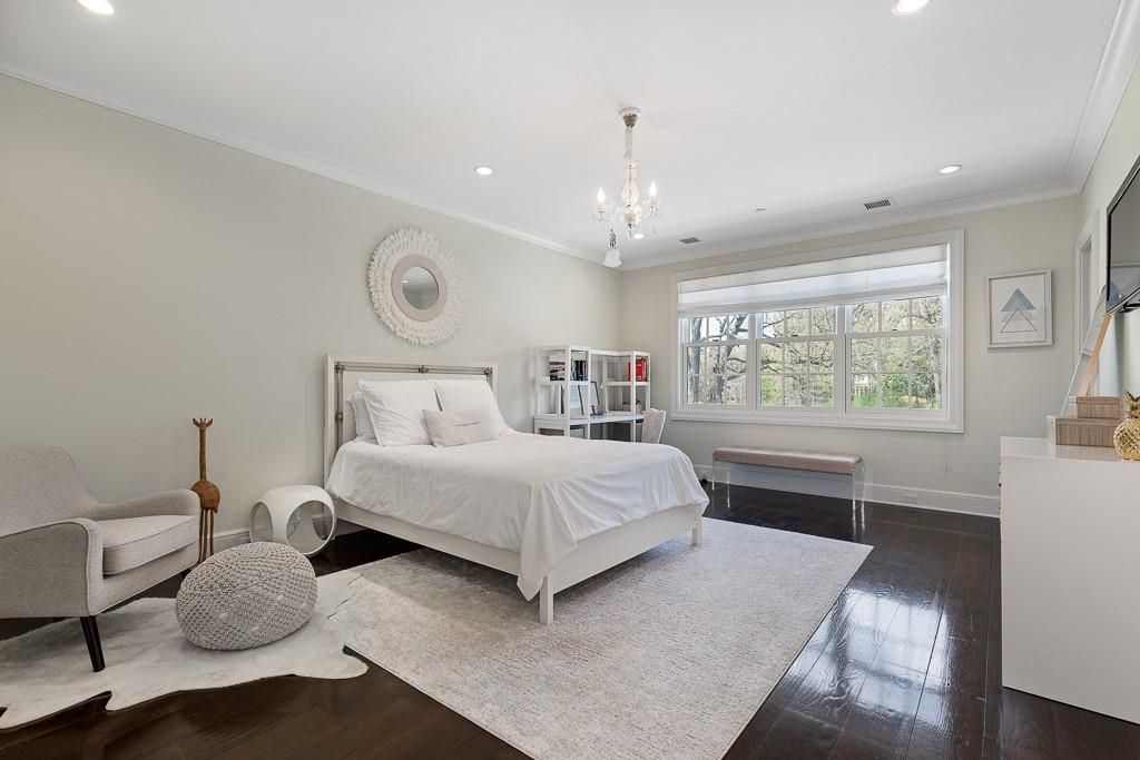 Bedroom, Chandelier, Interior, Recessed Lighting, Wood Texture Flooring