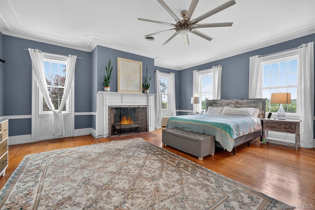 Bedroom, Fireplace, Interior, Wood Texture Flooring