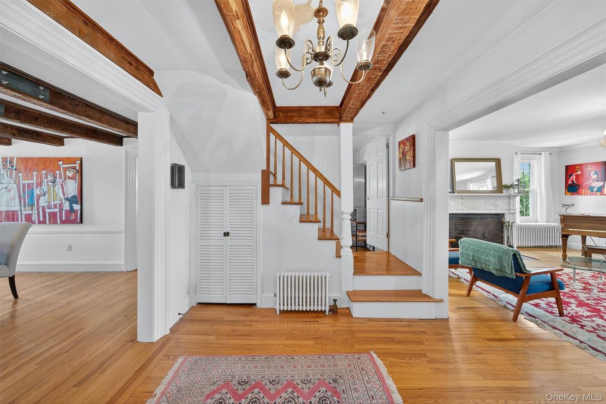 Chandelier, Fireplace, Interior, Wooden Beams, Wood Texture Flooring