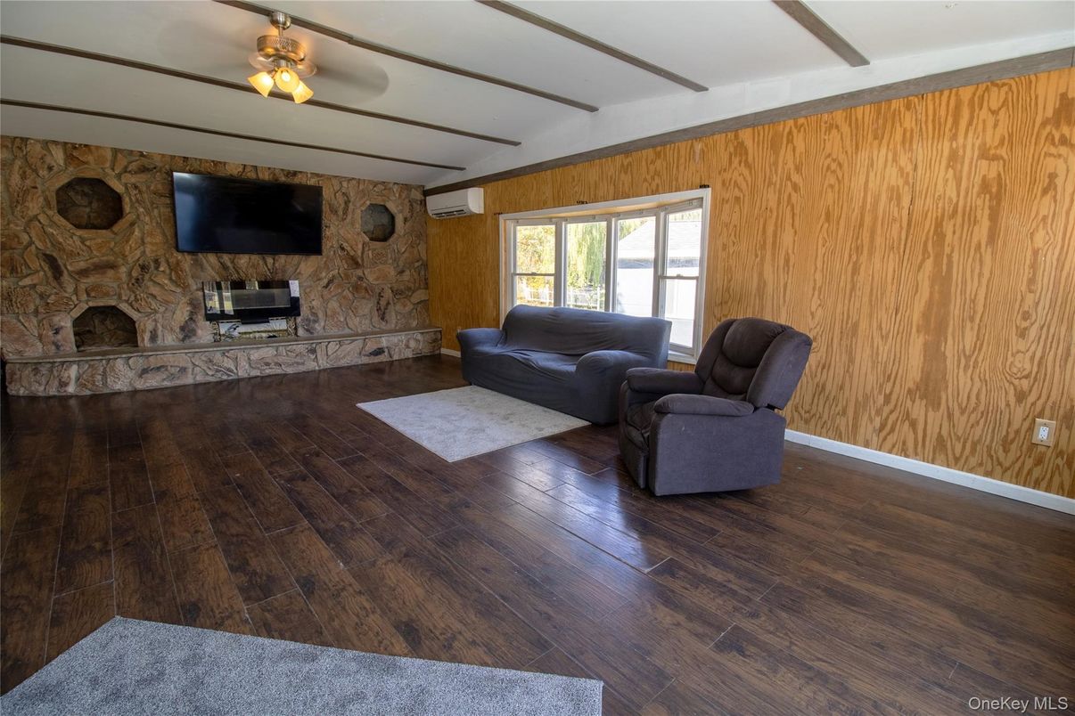 Fireplace, Interior, Living room, Stone Walls, Wooden Beams, Wood Texture Flooring