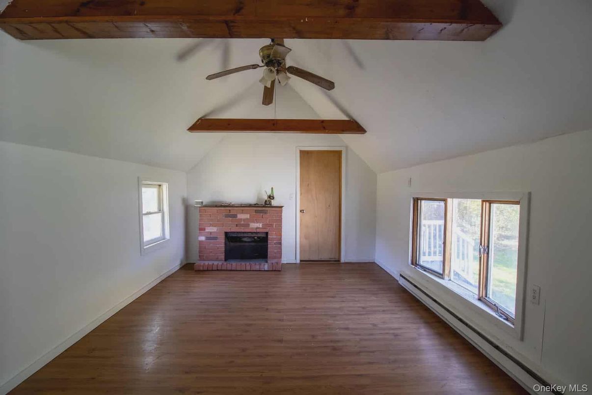 Empty room, Fireplace, Interior, Wooden Beams, Wood Texture Flooring