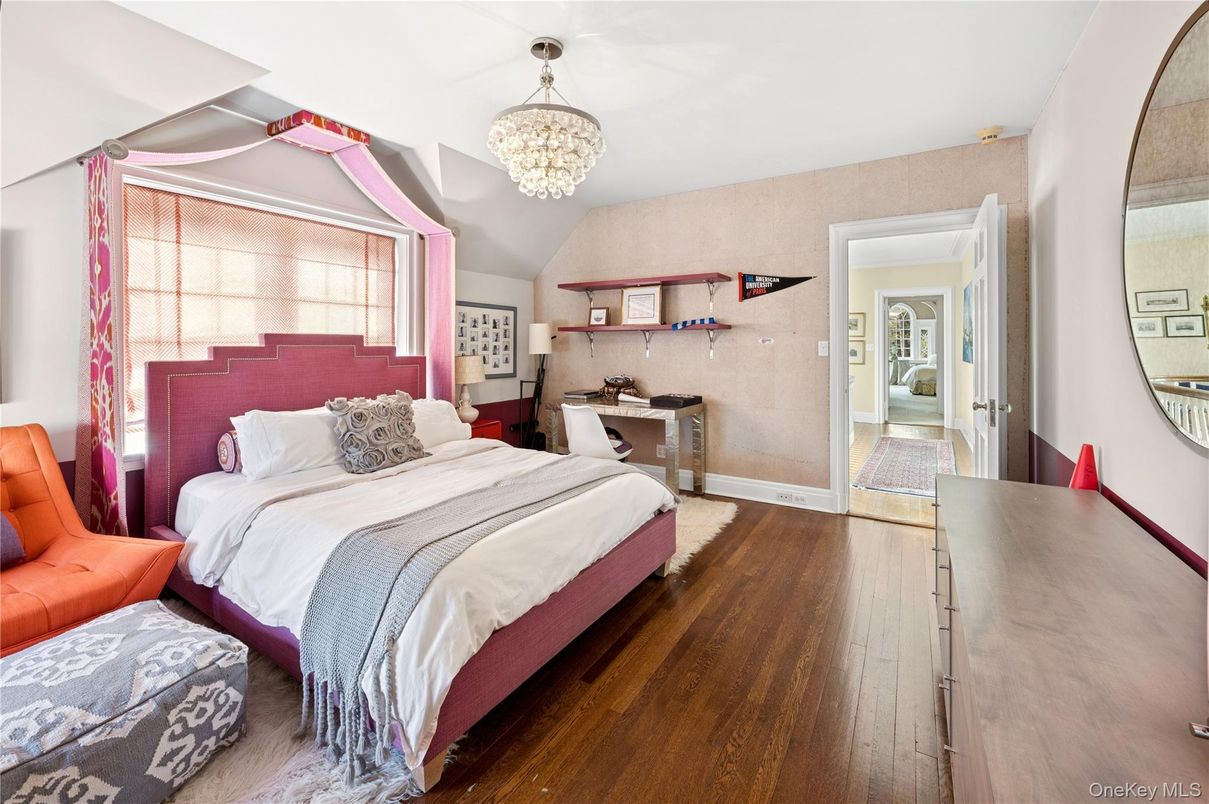 Bedroom, Chandelier, Interior, Wood Texture Flooring