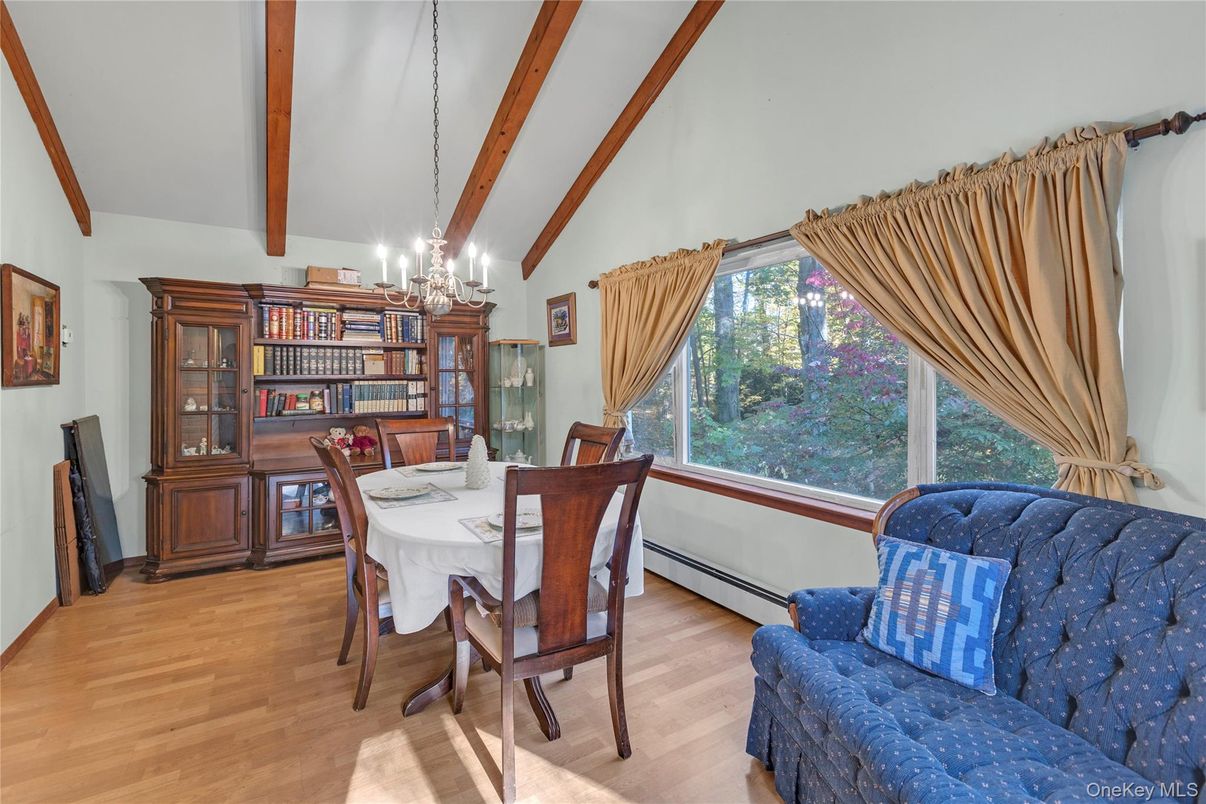 Chandelier, Dining room, Interior, Wooden Beams, Wood Texture Flooring