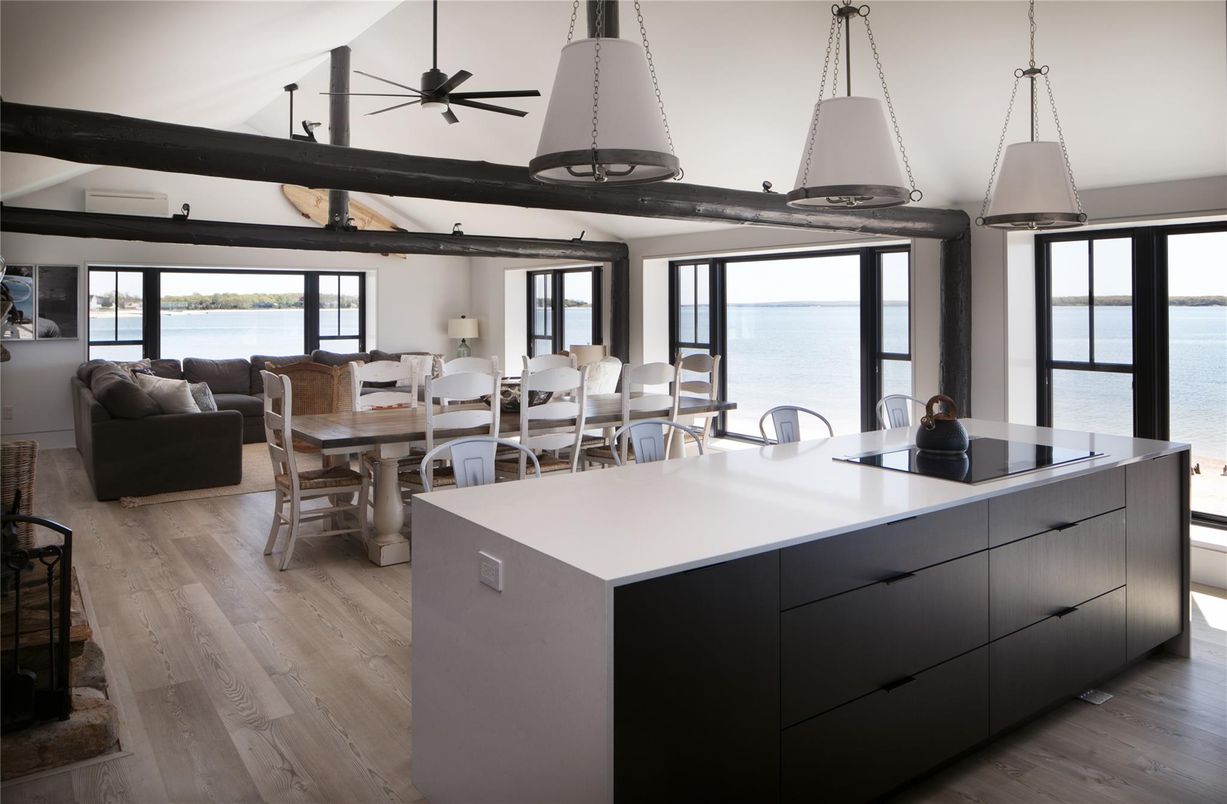 Dining room, Interior, Kitchen, Living room, Pendant Lights, Water, Wood Texture Flooring